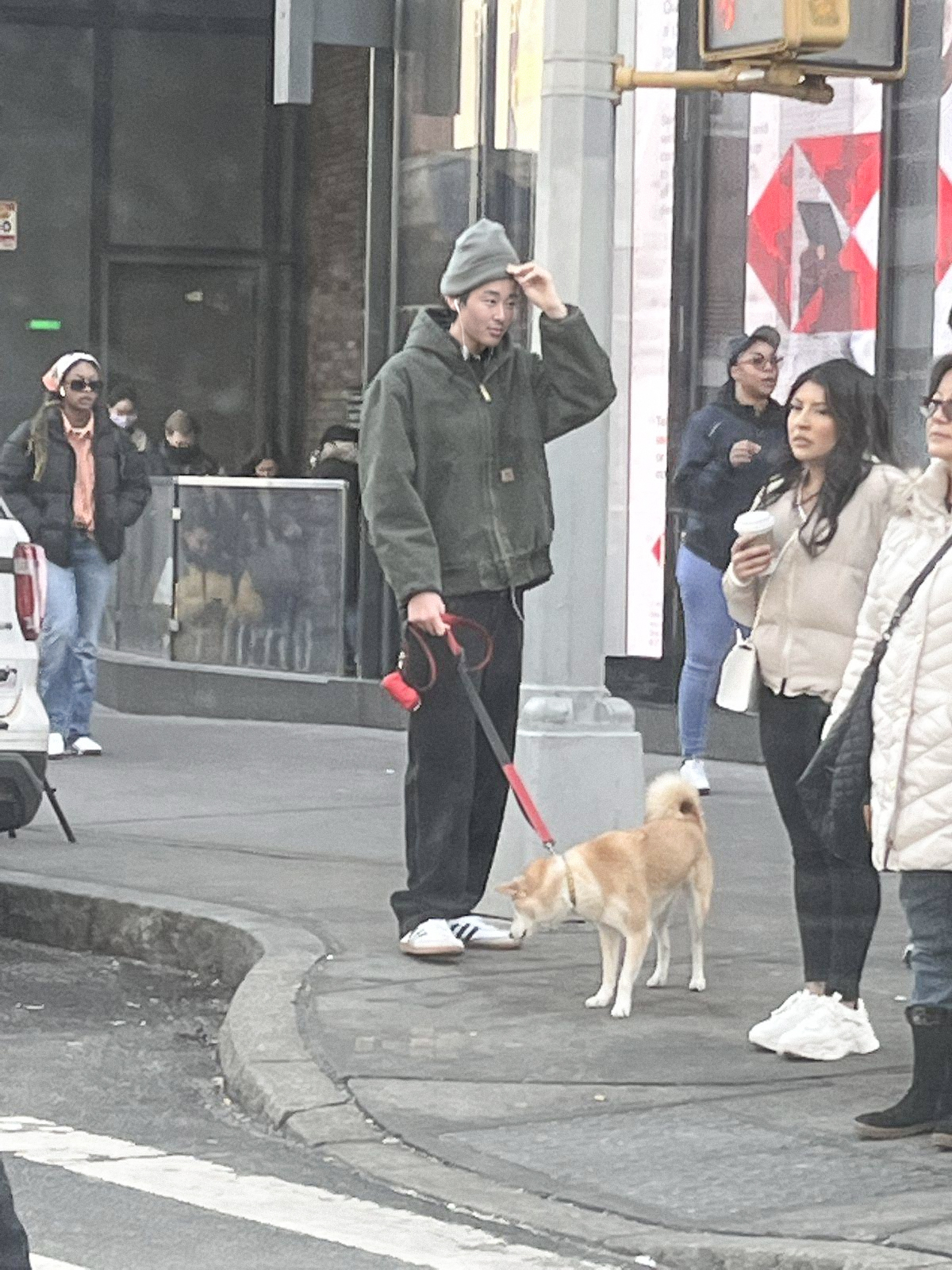 Se Yong walking Max on a Manhattan street corner